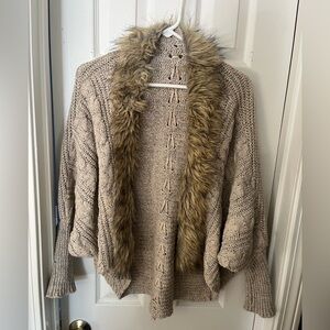 Cozy Tan Sweater with Faux Fur Trim